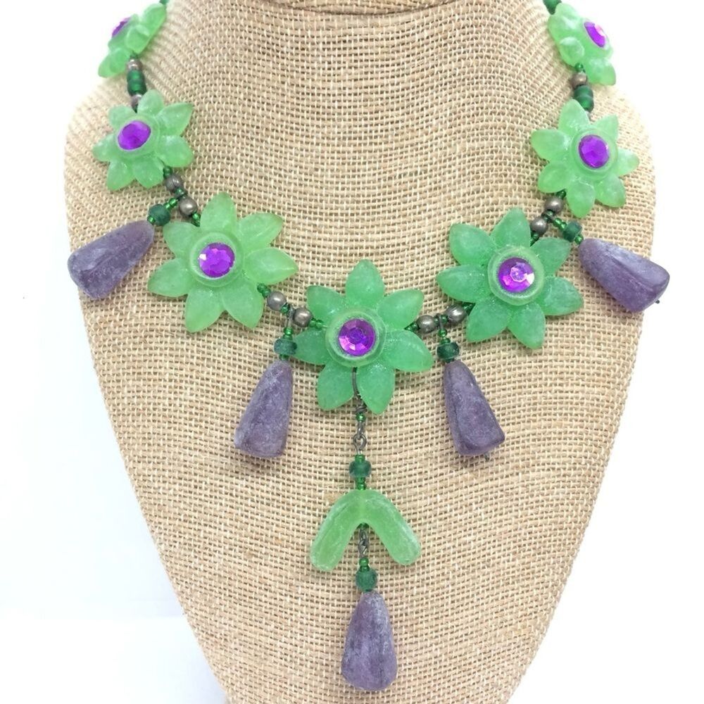Flower Necklace Artisan Recycled Glass Statement Rhinestone Spring